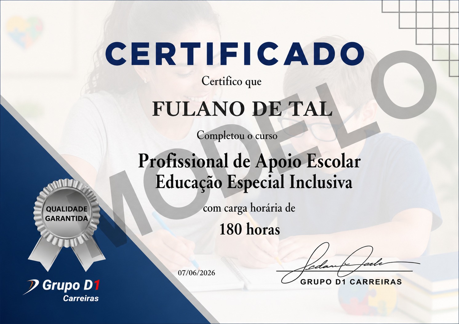 Modelo da frente do certificado de Profissional de Apoio Escolar